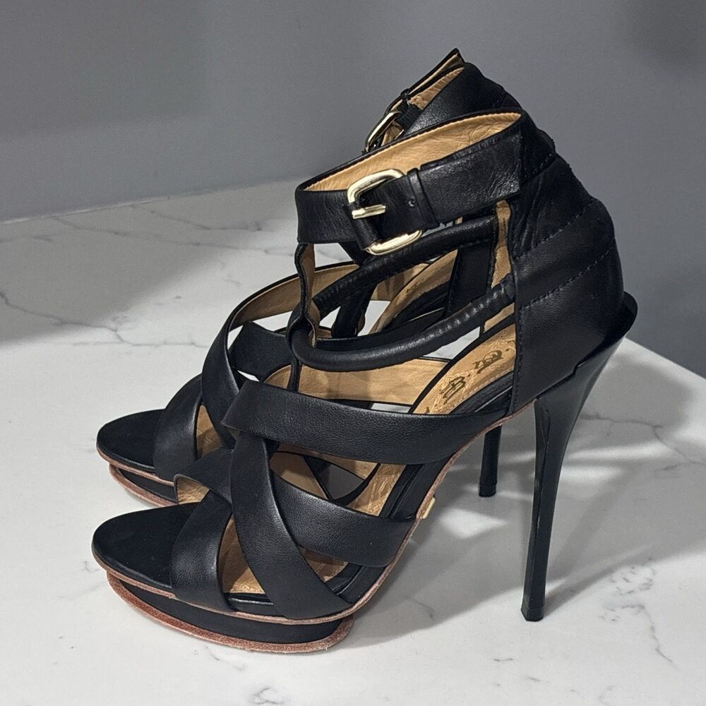 Vintage Y2K LAMB Gwen Stefani High Heels 8 Black Leather Stiletto Platform - Picture 3 of 16